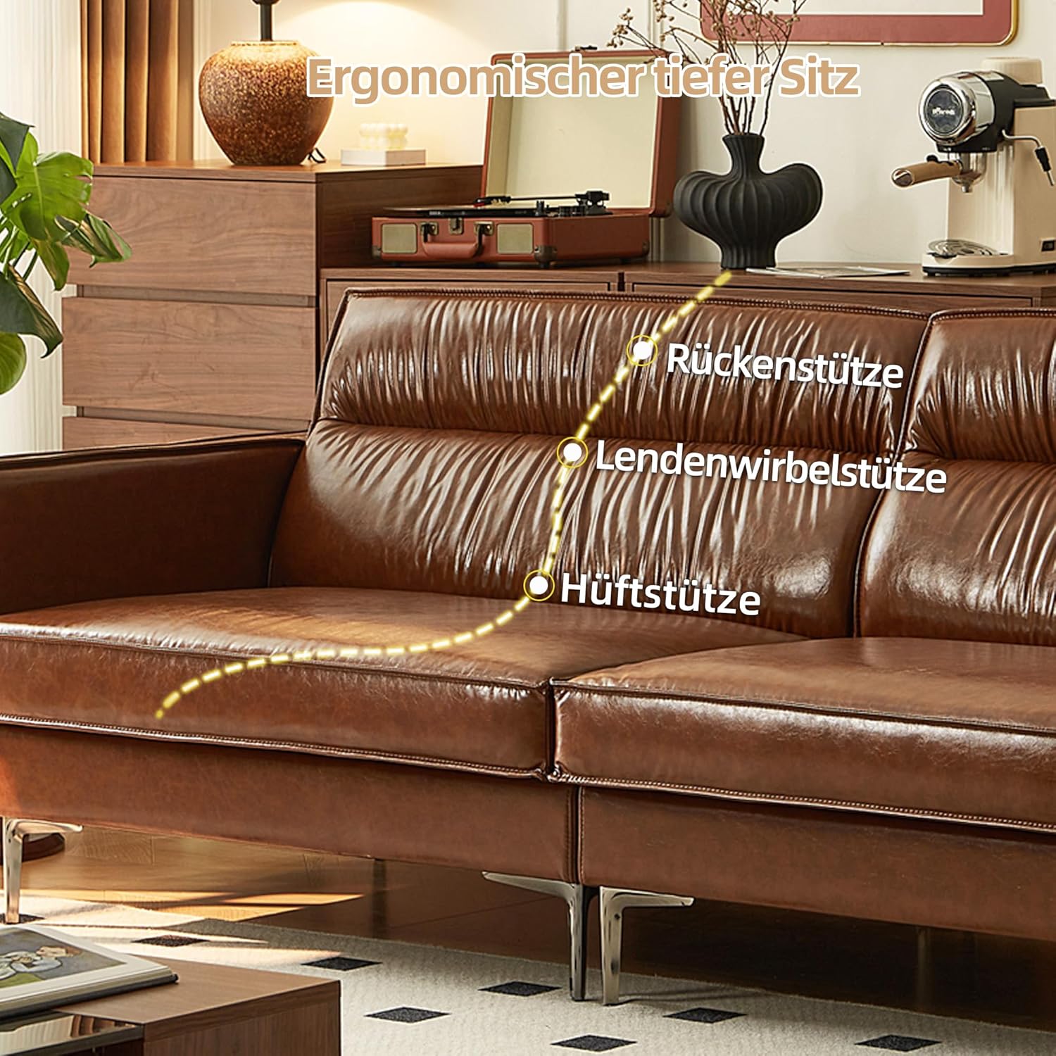 3-Sitzer Sofa in Vintage Lederoptik – Kompaktes Kunstleder Sofa mit Knopfheftung, Metallfüßen & Geraden Armlehnen, Braun – Retro Couch für Wohnzimmer, Büro oder kleine Wohnung (glatte Variante)