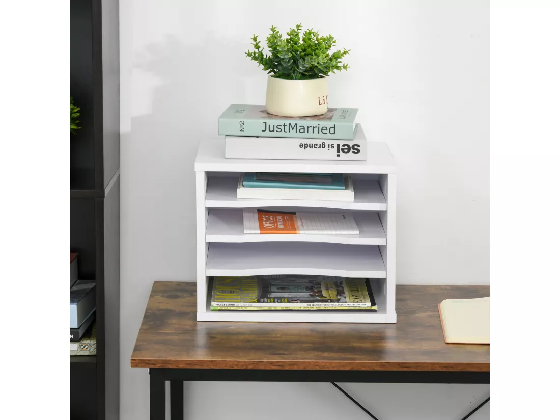 Lot de 2 organiseurs bureau bois blanc avec 4 couches fournitures support d'imprimante dim. 35,5L x 25l x 28,6H cm