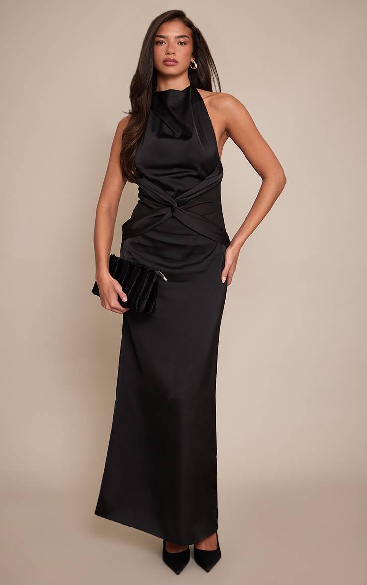 Noir Robe Longue En Satin Avec Détails En Résille