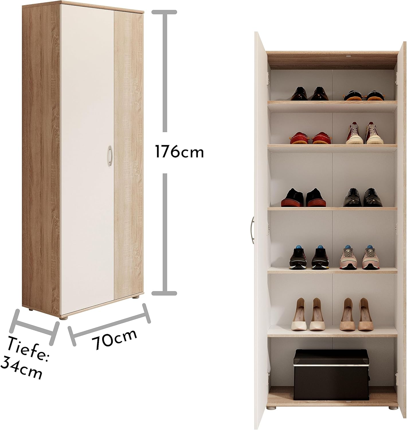 TALENT 3 Schuhschrank hoch, Eiche Sonoma Optik / Weiß - Vielseitiger Mehrzweckschrank mit verstellbaren Einlegeböden - 70 x 176 x 35 cm (B/H/T)