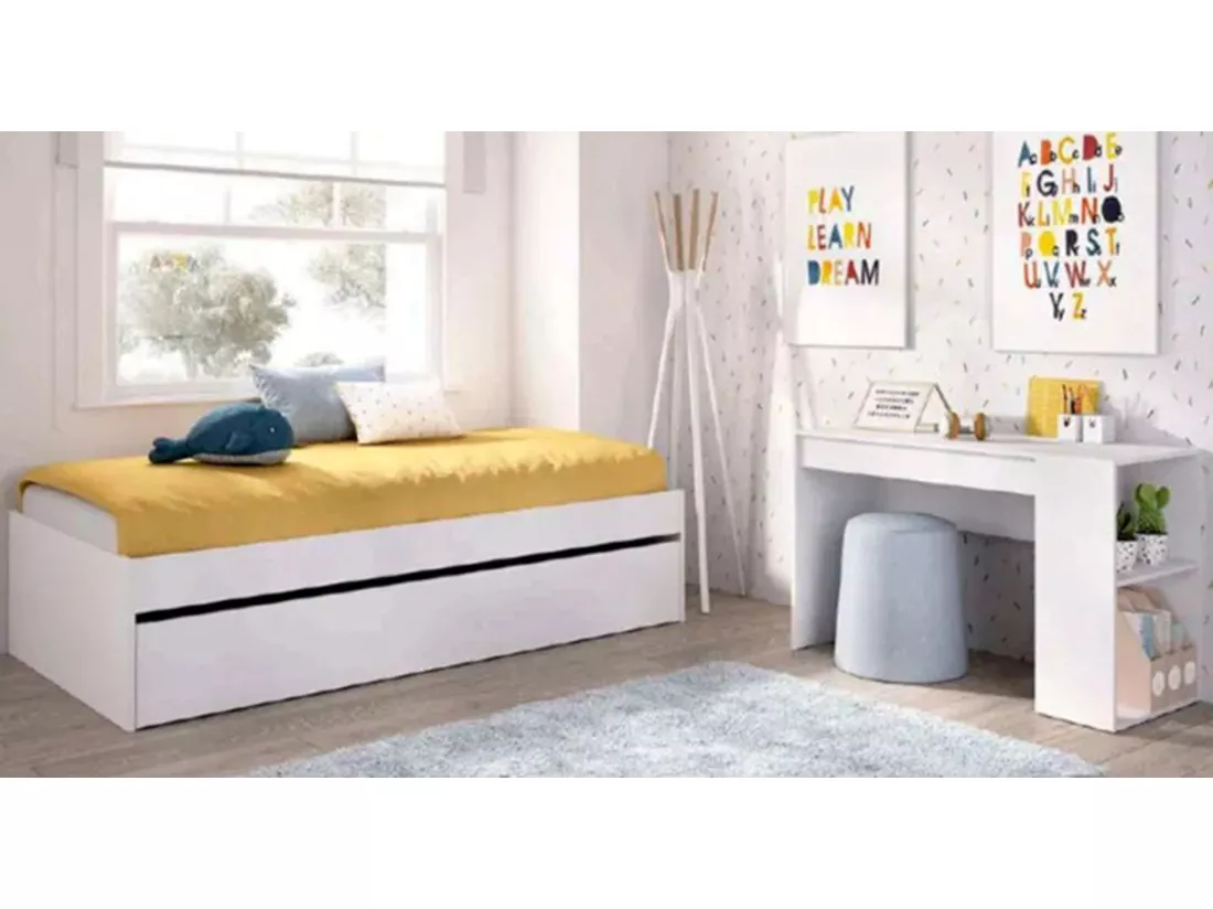 Ensemble de lit gigogne avec 2 tiroirs + Table de nuit + armoire pour enfant coloris chêne naturel, blanc