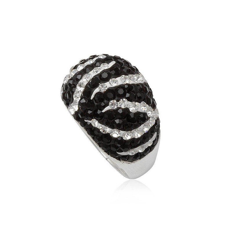 Bague Dome Zebre en Cristal Noir et Blanc et Argent 925