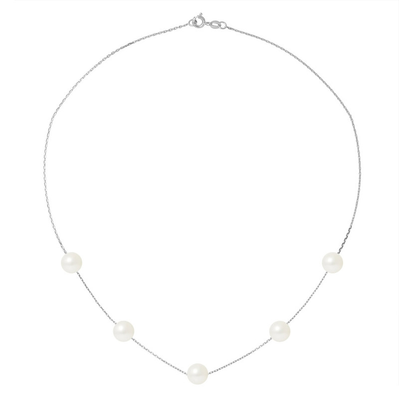 Collier ras du cou Femme 5 Perles de culture d'eau douce Blanche 7 mm AA et Or Blanc 750/1000