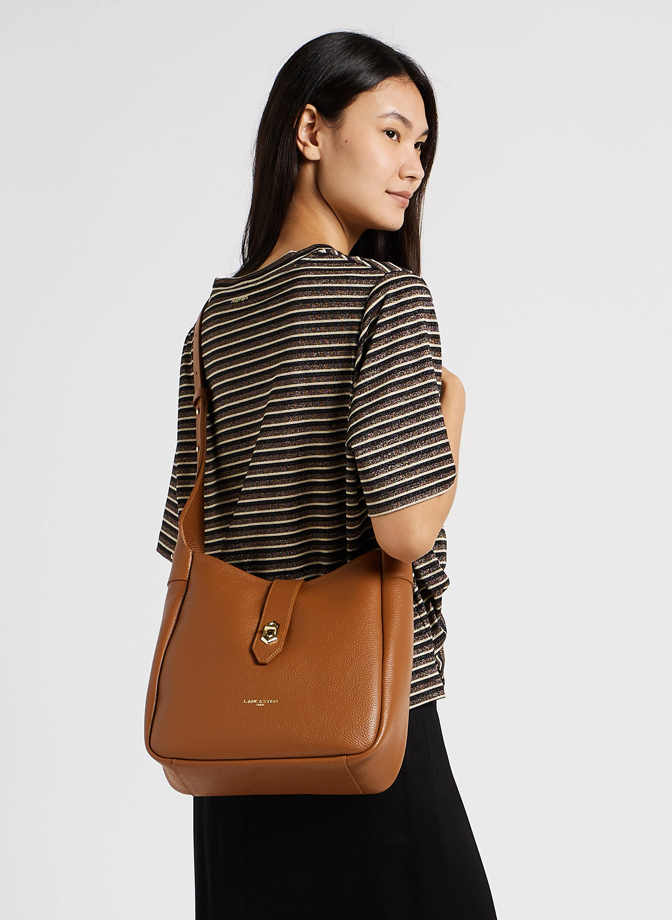 TOP DOUBLE - Sac seau en cuir grainé| Marron