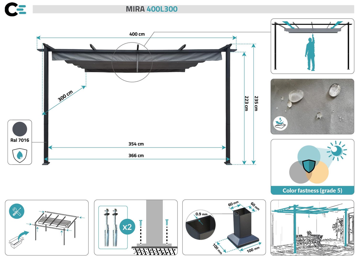 Pergola MIRA 400L300 Lichtgrijs Wandmontage