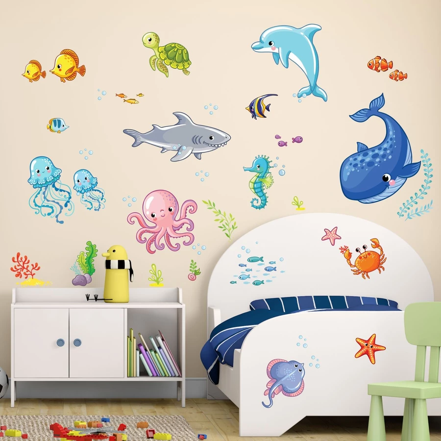 Nikima Wandtattoo 078 Wandtattoo Wasserwelten Kinderzimmer Wal Delfin Fische Hai Sticker bunt