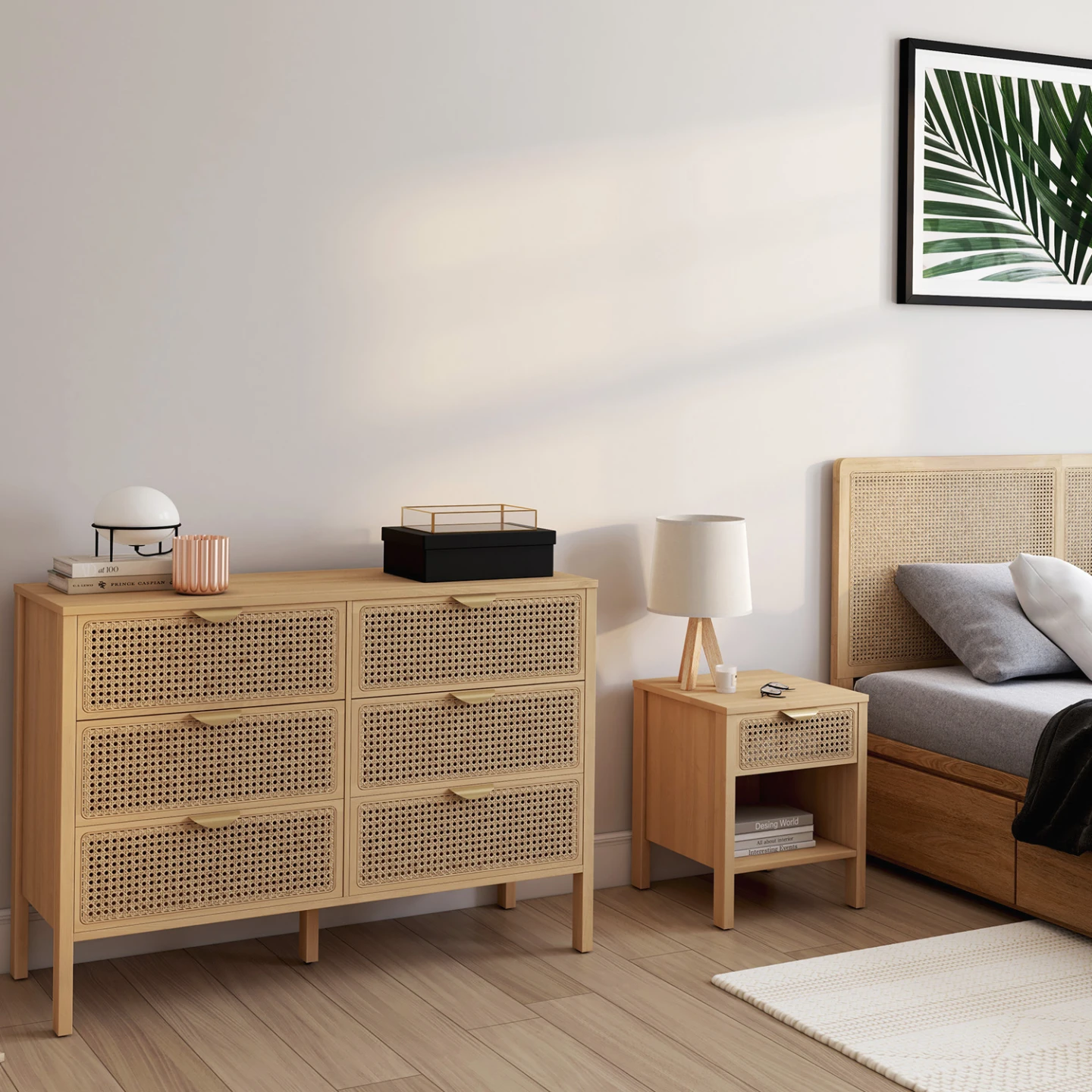 Lot de 2 tables de chevet EDHEN 1 tiroir avec niche cannage et bois