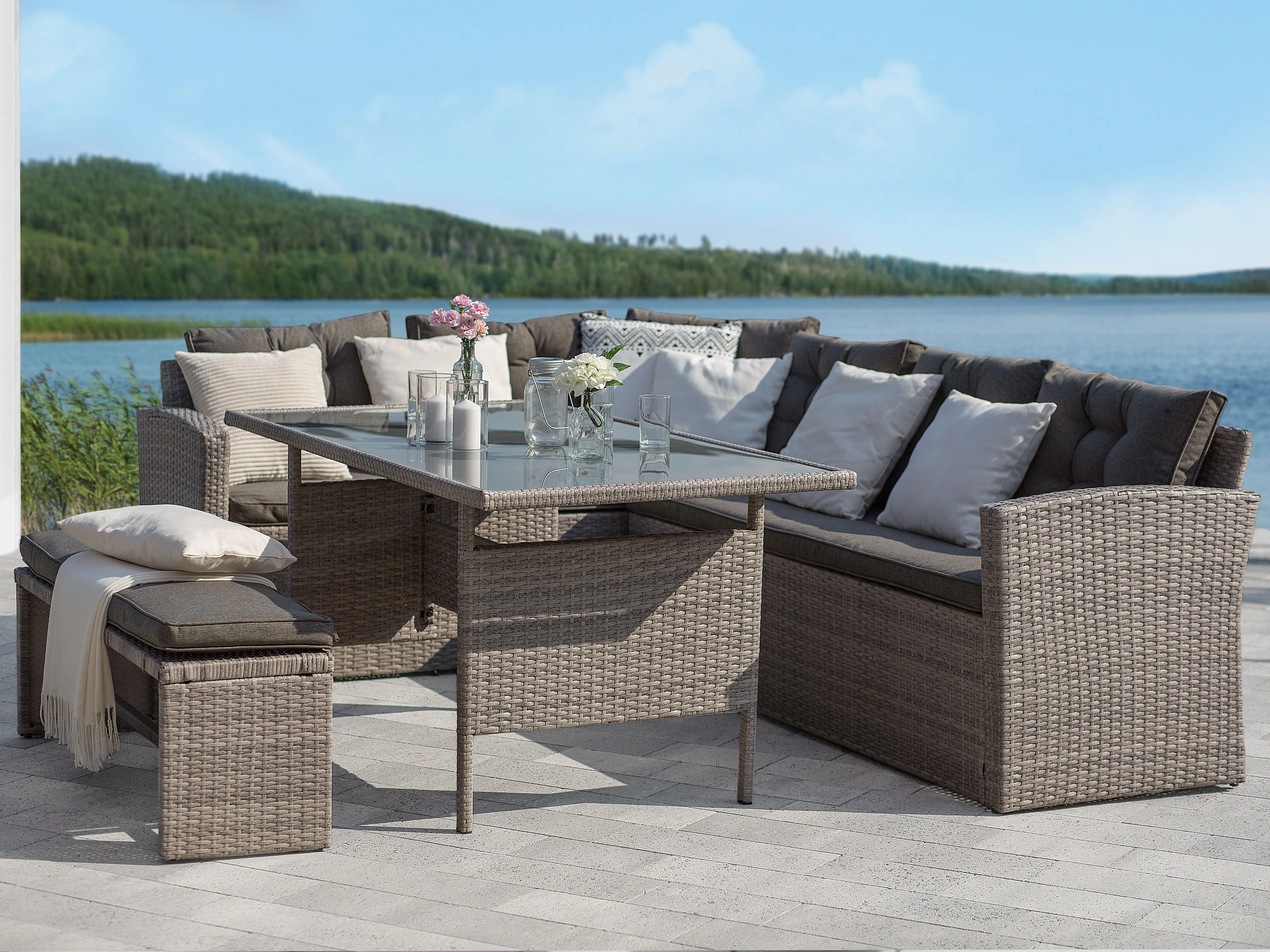 Loungeset met tafel 8-zits VITERBO met kussens PE rotan Grijs