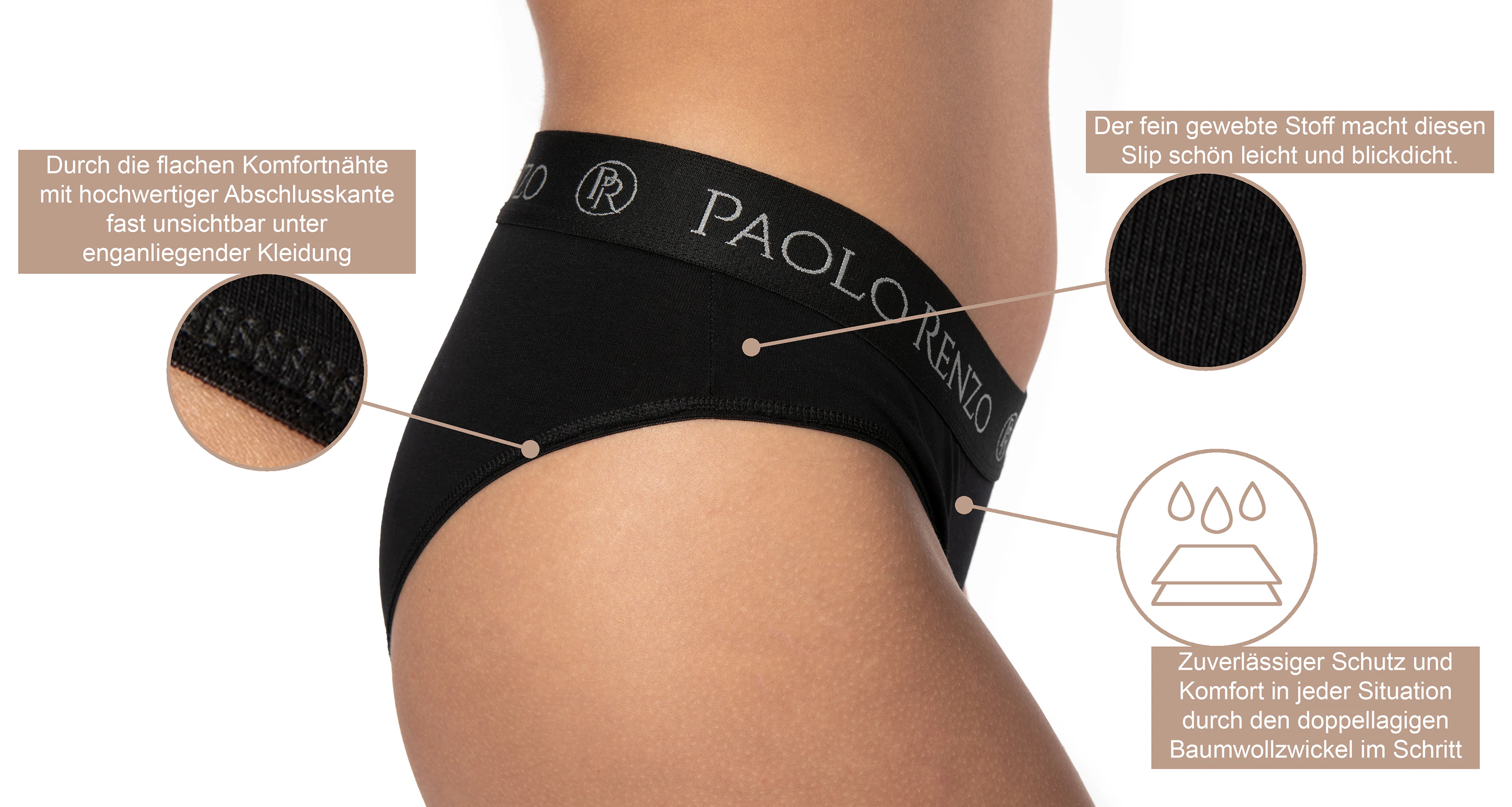 Paolo Renzo® Damen Baumwoll Slip SPORT LINE 3 Paar - Größe S - Schwarz