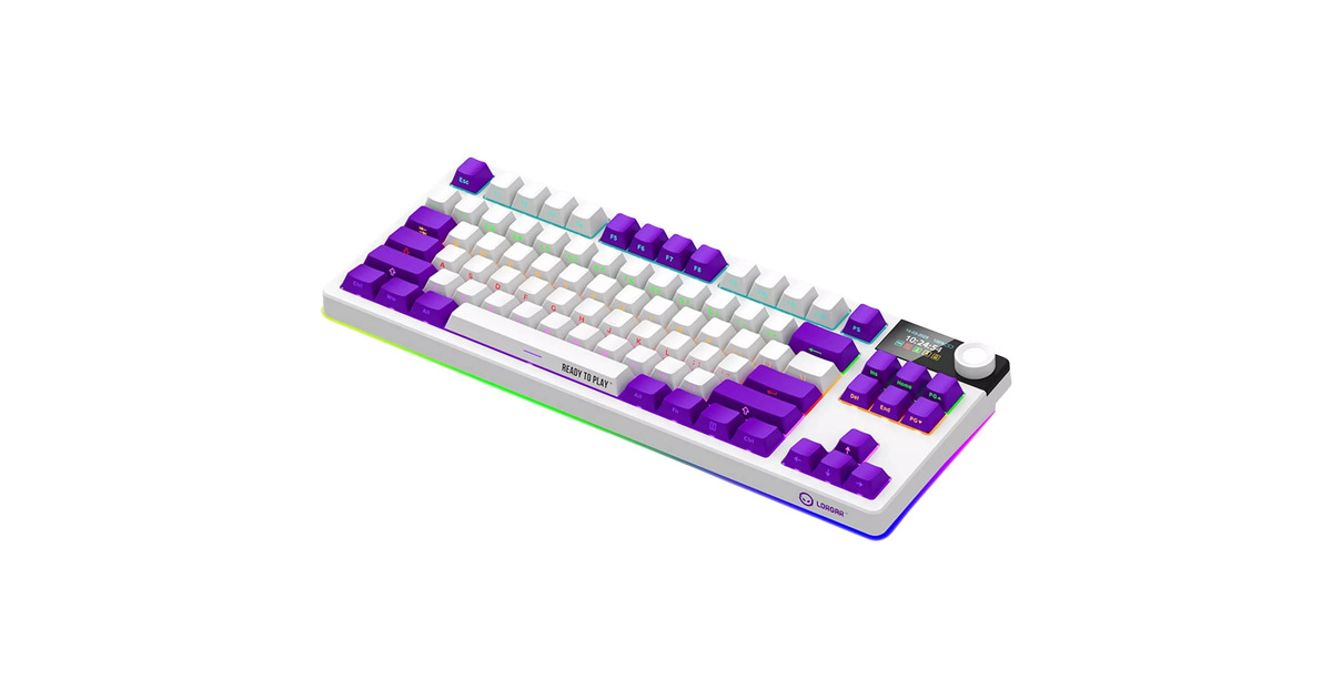 LORGARKBP70TKLW, gaming toetsenbord  (Wit, US lay-out, LOGAR Toxic Purple, TKL, RGB, Hot-swappable, PBT Double-shot, Bluetooth / 2.4GHz / USB)