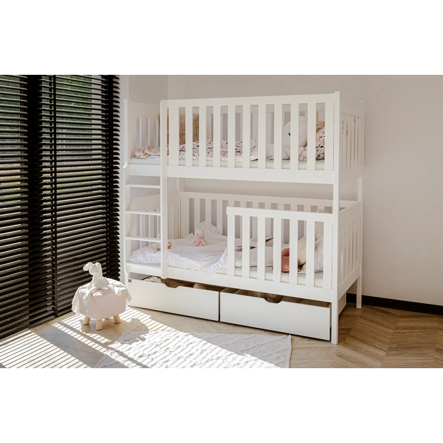 Kids Collective Hochbett 80x180 | 90x200 Etagenbett umbaubar in 2 Einzelbetten, Schubladen weiß mit 2 Matratzen