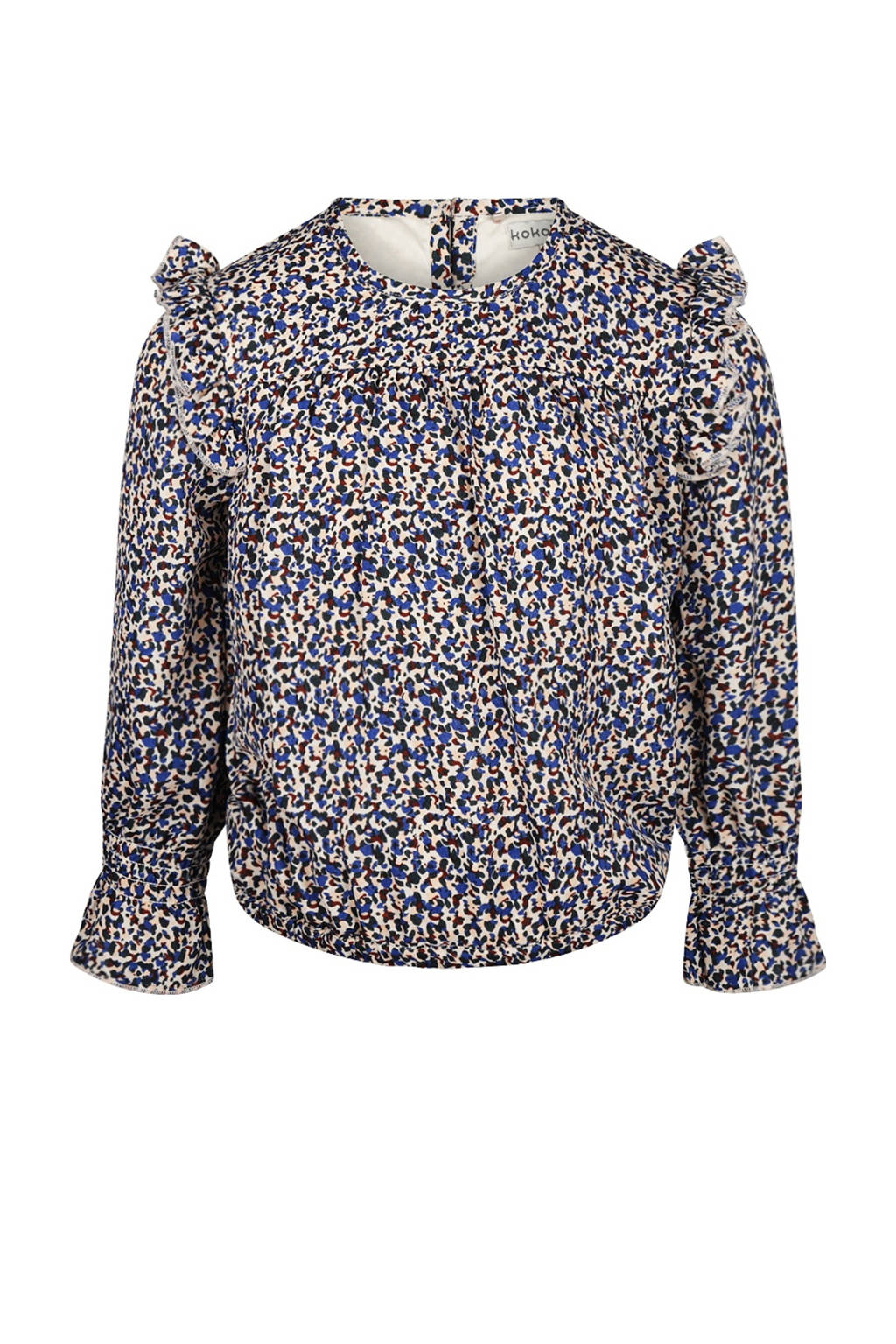 Koko Noko top met all over print en ruches blauw/wit/bruin