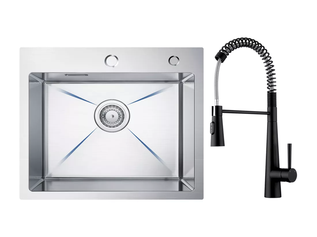 Cecipa max Évier Inox Évier Cuisine 1 Bac 50 × 45 cm Évier de Cuisine Brossé + Mitigeur de Cuisine à Ressort avec 3 Modes de Sortie D'eau, Noir