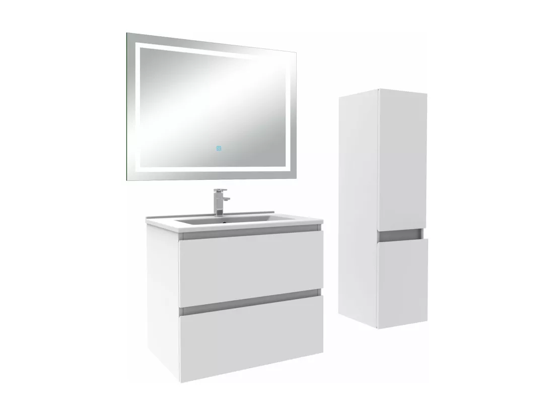 Ensemble meuble salle de Bain 60cm simple vasque avec colonne et miroir 3 couleurs blanc