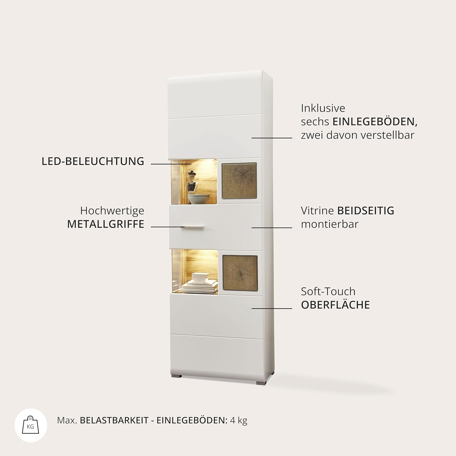 Stella Trading Fun Plus Große Vitrine weiss mit schönen Hirnholz-Applikationen - Moderne Glasvitrine inkl. LED Beleuchtung - 65 x 205 x 37 cm (B/H/T)
