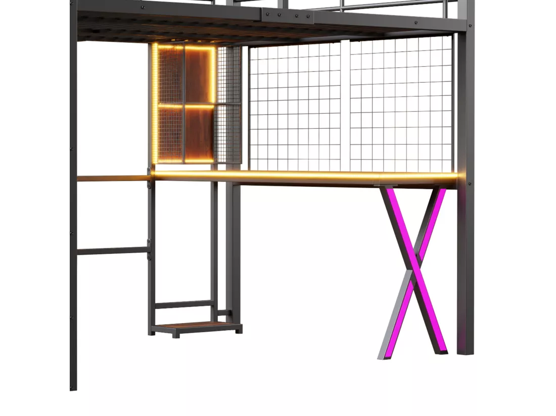 Lit mezzanine 140x200cm avec LED - bureau + penderie + échelle de rangement - Noir
