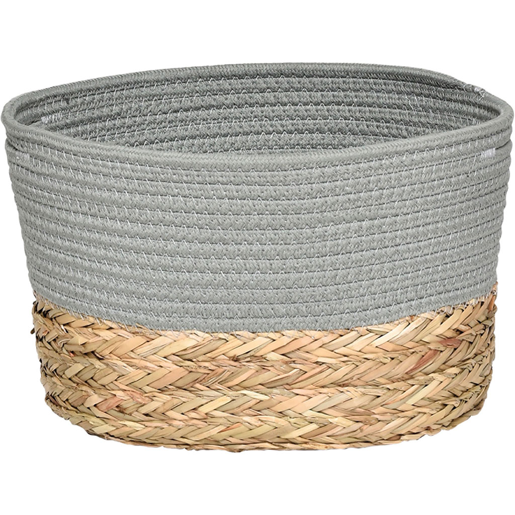 Panier ovale bi-matière roseau tressé et coton kaki 32x20x25cm