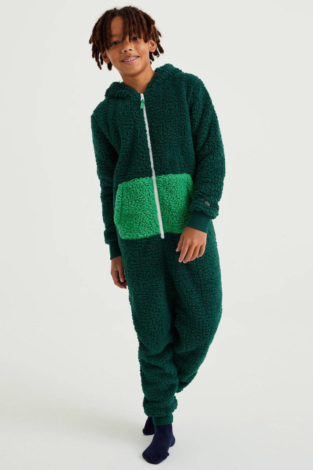 WE Fashion teddy onesie Dino donkergroen/groen