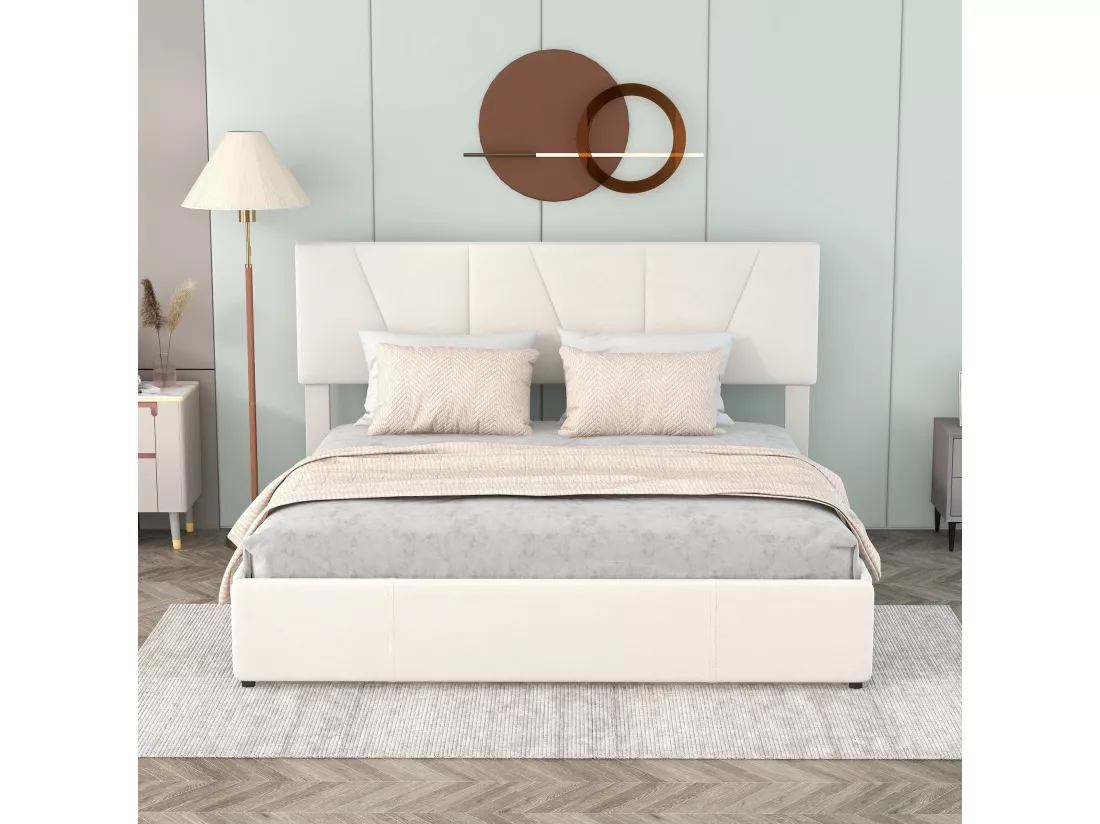 Lit rembourré king size avec quatre tiroirs de rangement beige (160*200cm)