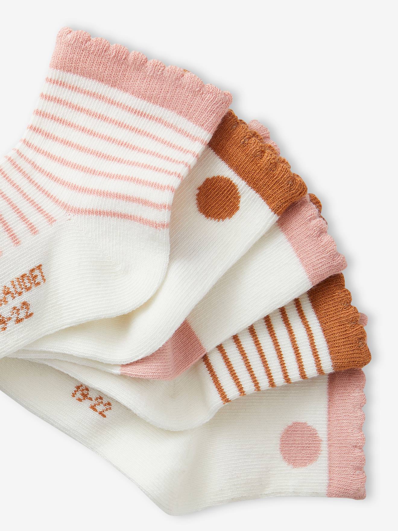 Pacote com 5 pares de meias de bolinhas/listradas para bebê menina, cor ferrugem