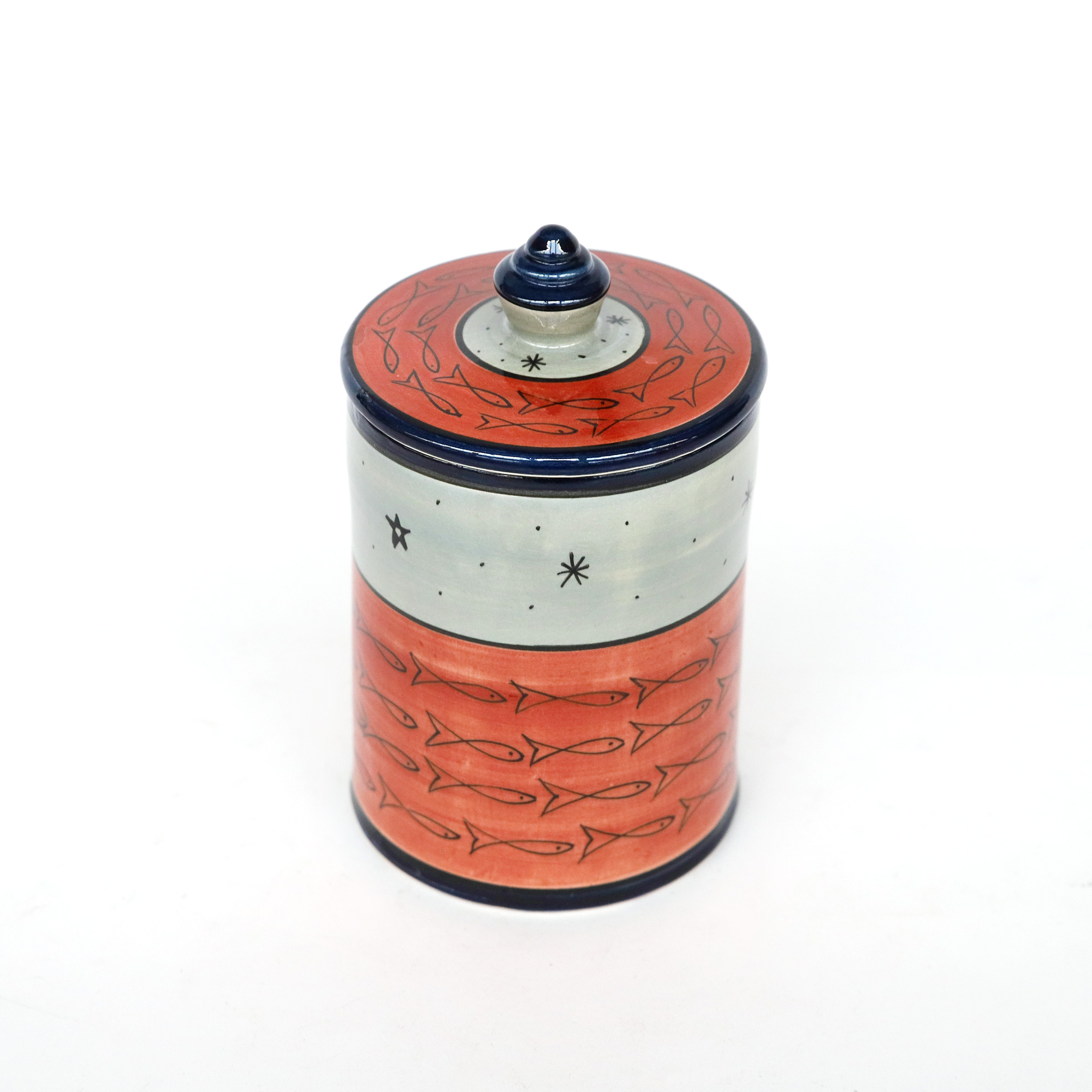 Deckelbehälter 'Fische', rot, blau, H 14 cm, Ø 10 cm von fischer's lagerhaus