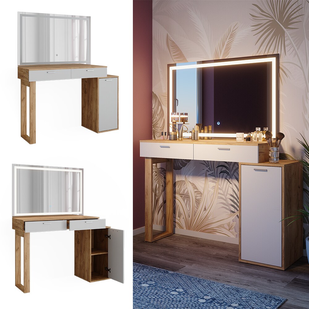 Vicco Schminktisch Regina Eiche Weiß 130 cm mit LED-Spiegel