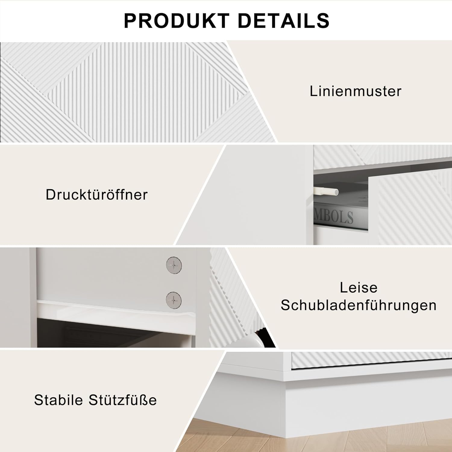 UEV Kommode mit 5 Schubladen,Drucktüröffner Push to Open schmal, Aufbewahrungskommode, Highboard, Sideboard mit Schubladen, Mehrzweckschrank für Wohnzimmer Schlafzimmer Flur Büro 60x33,5x94cm Weiß
