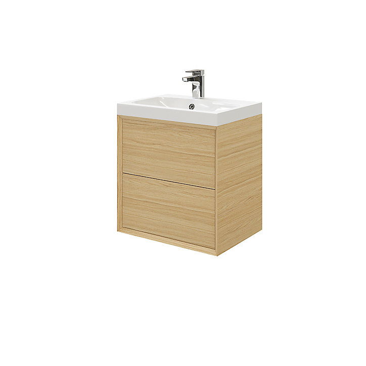 Meuble sous vasque à suspendre GoodHome Avela placage chêne 60 cm + plan vasque Mila