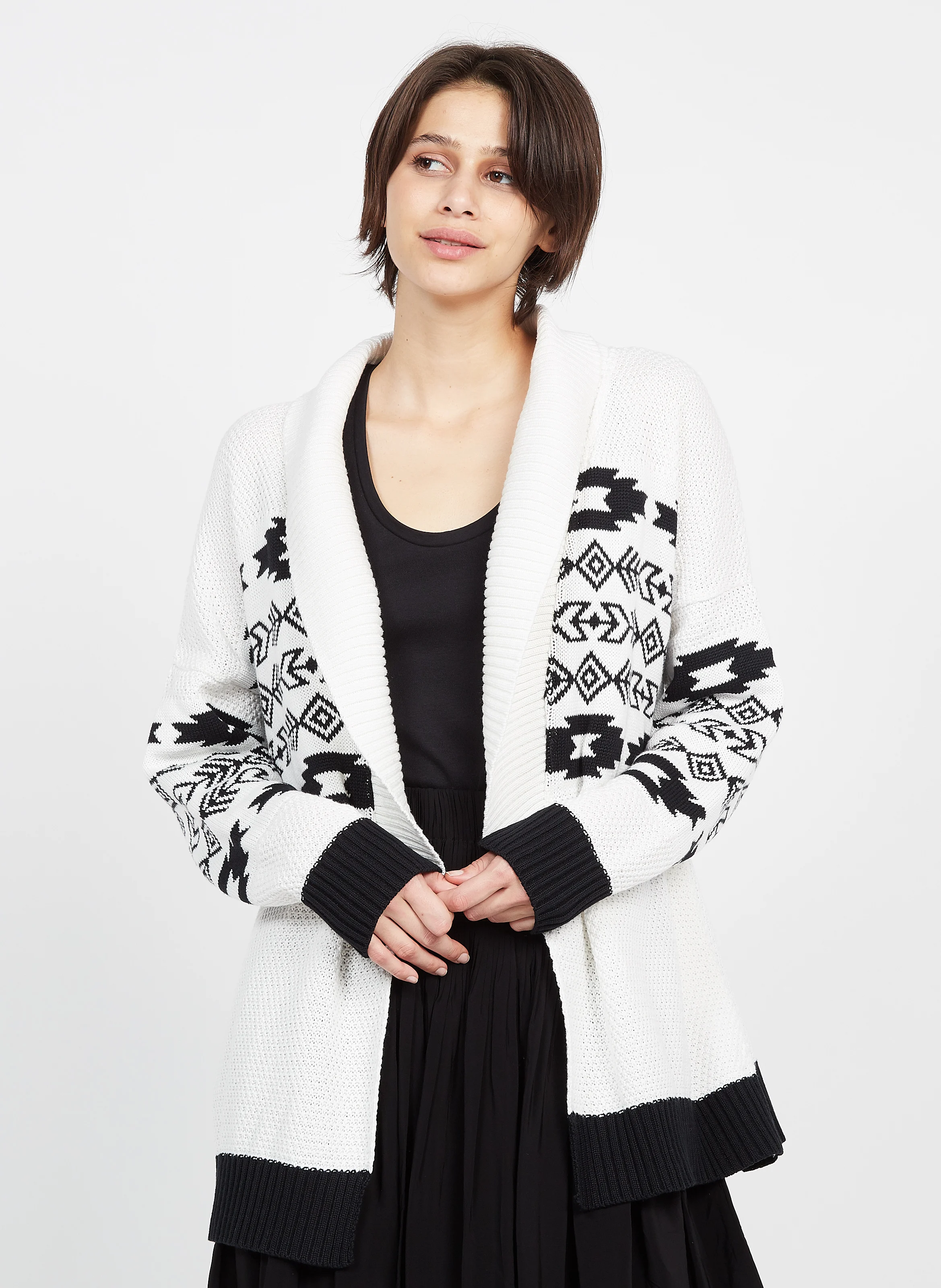 METRA - Gilet col châle jacquard en coton mélangé| Blanc