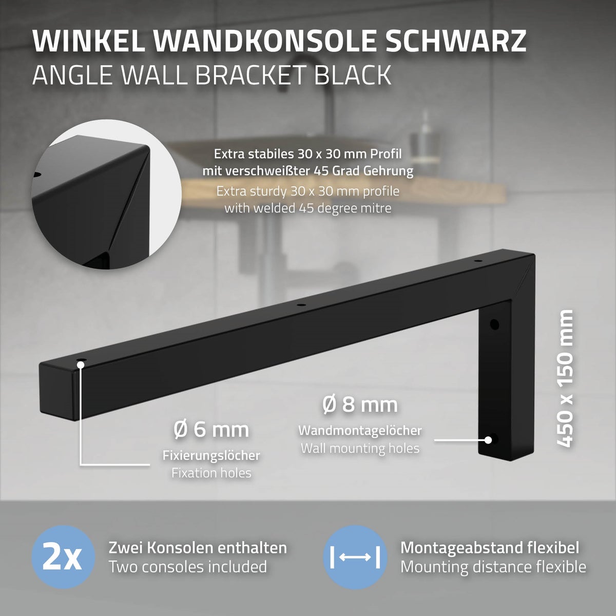 ML-Design 2-delige set L-vormige wandconsoles voor wastafels, 450x150 mm, zwart staal, design wastafelconsole, wandbevestiging voor wastafelblad, planchetconsole, planchethouder