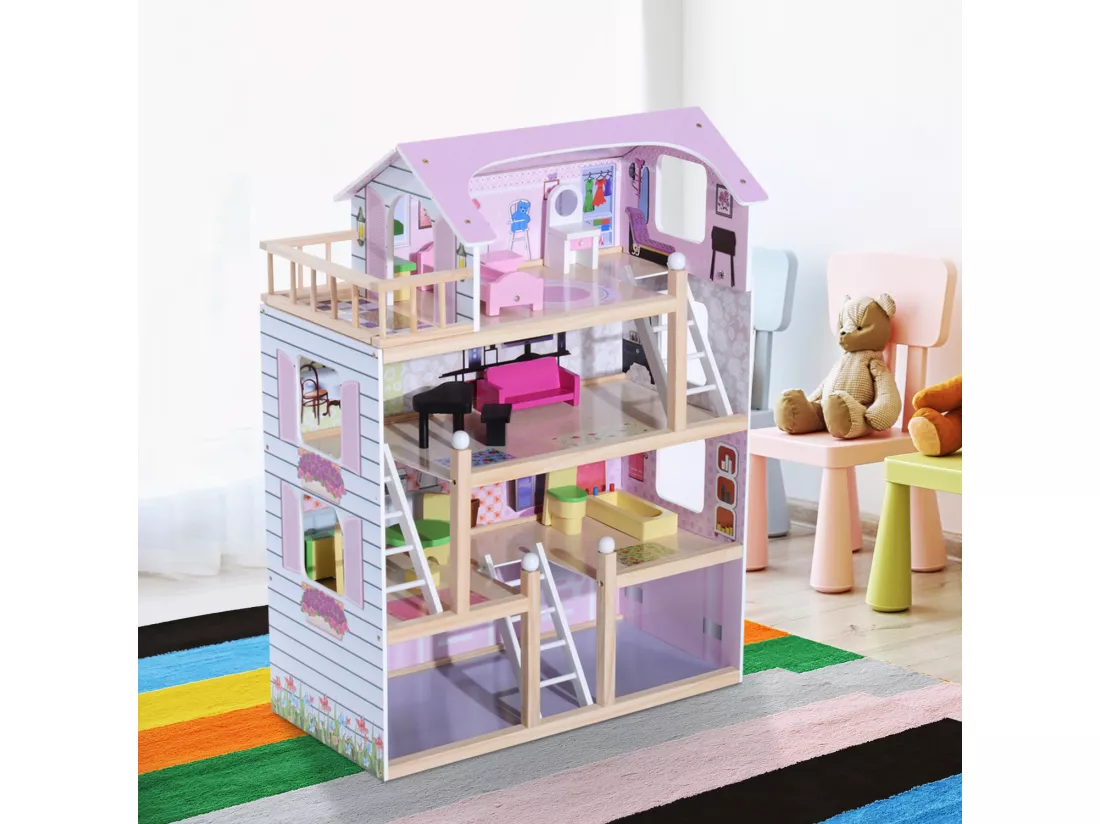 Maison de poupée en bois jeu d'imitation grand réalisme multi-équipement 60L x 30l x 80H cm blanc et rose