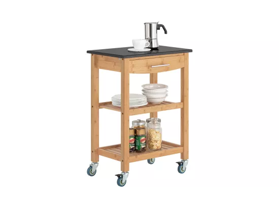 Chariot De Cuisine De Service Roulant En Bambou Plateau En Granit Noir, Fkw28-sch