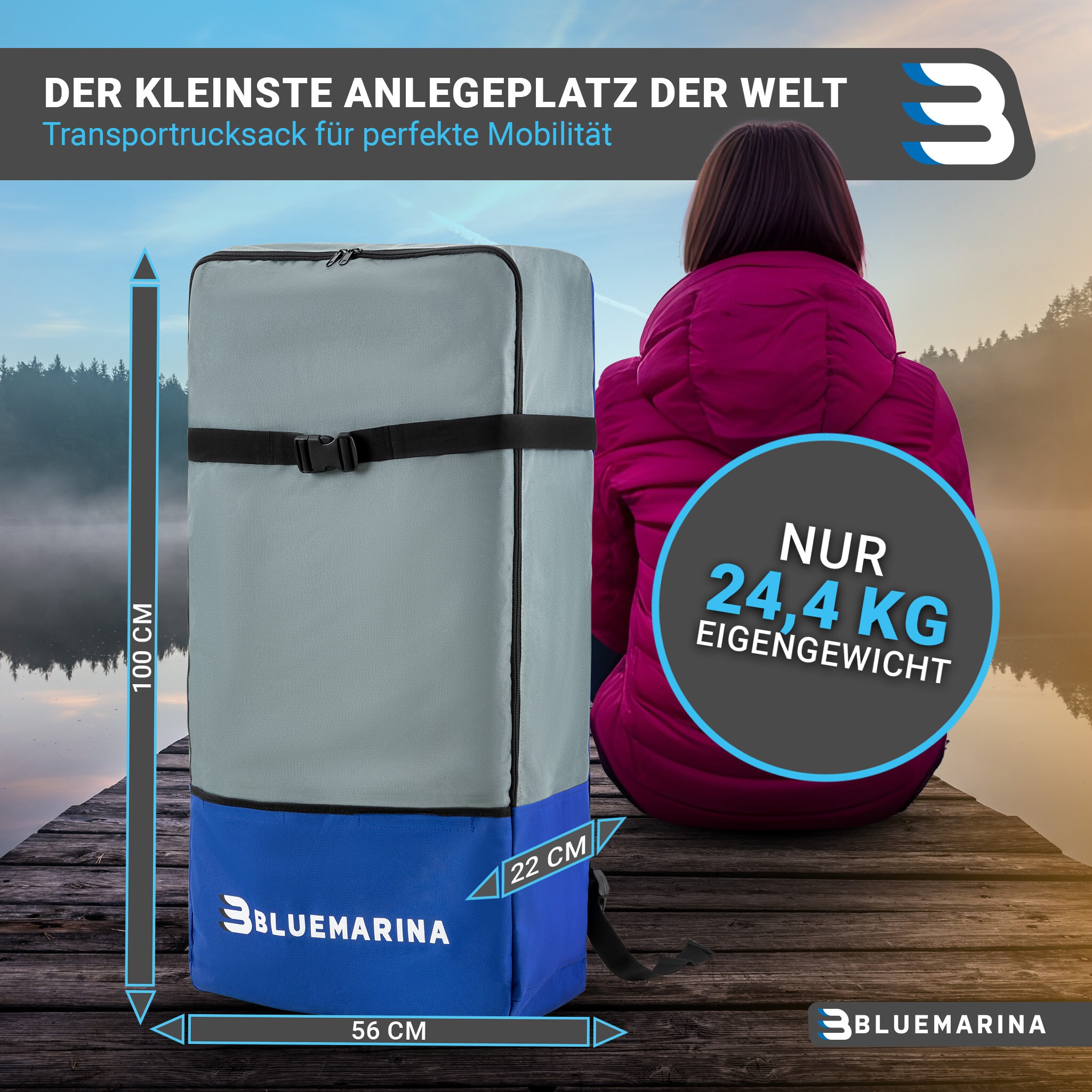 Bluemarina Kajak aufblasbar Samoa, 3-Sitzer-Kanu, Fußpumpe, Gepäckgummi, Finnen, Transportrucksack