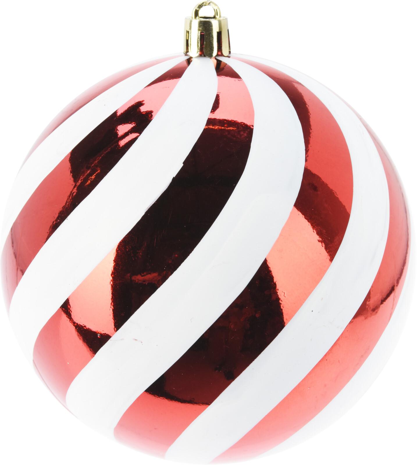 BOULE NOEL RAYEE ROUGE ET BLANC D.18CM