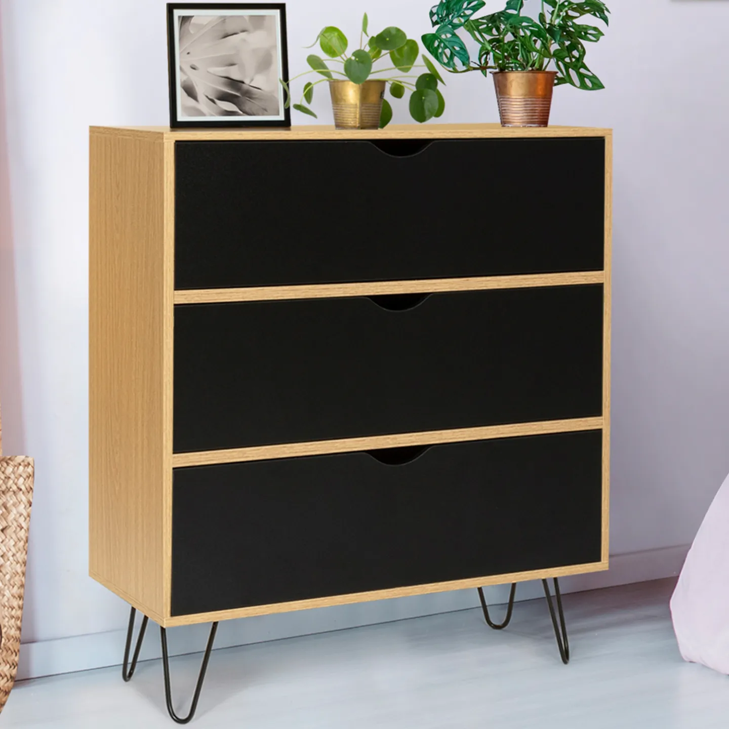 Commode 3 tiroirs vintage NOEMI 70 cm bois pied épingle
