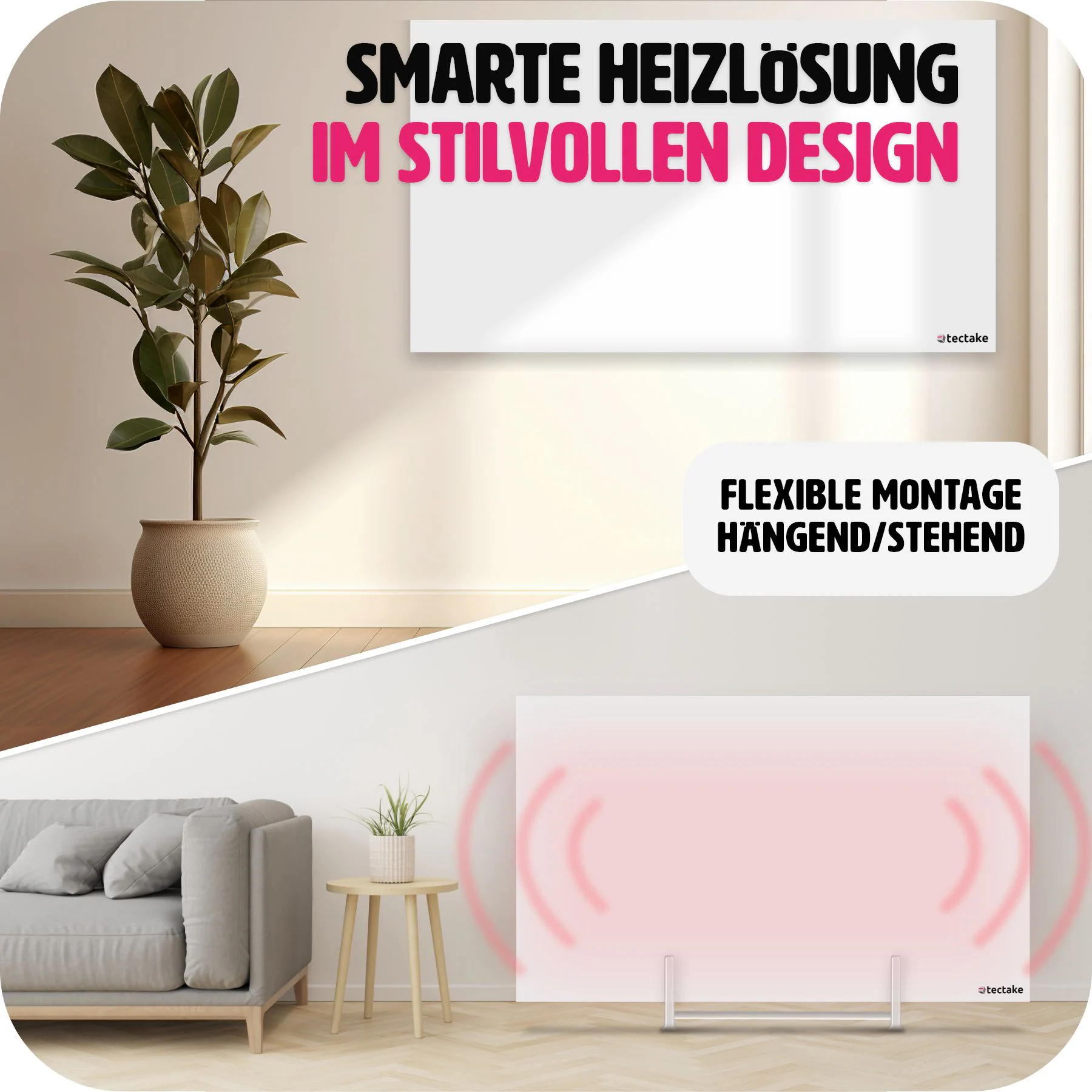 tectake® Hybrid Infrarotheizung, rahmenlos mit Thermostat, Überhitzungsschutz, einfache Wand- oder Deckenmontage, inklusive Ständer