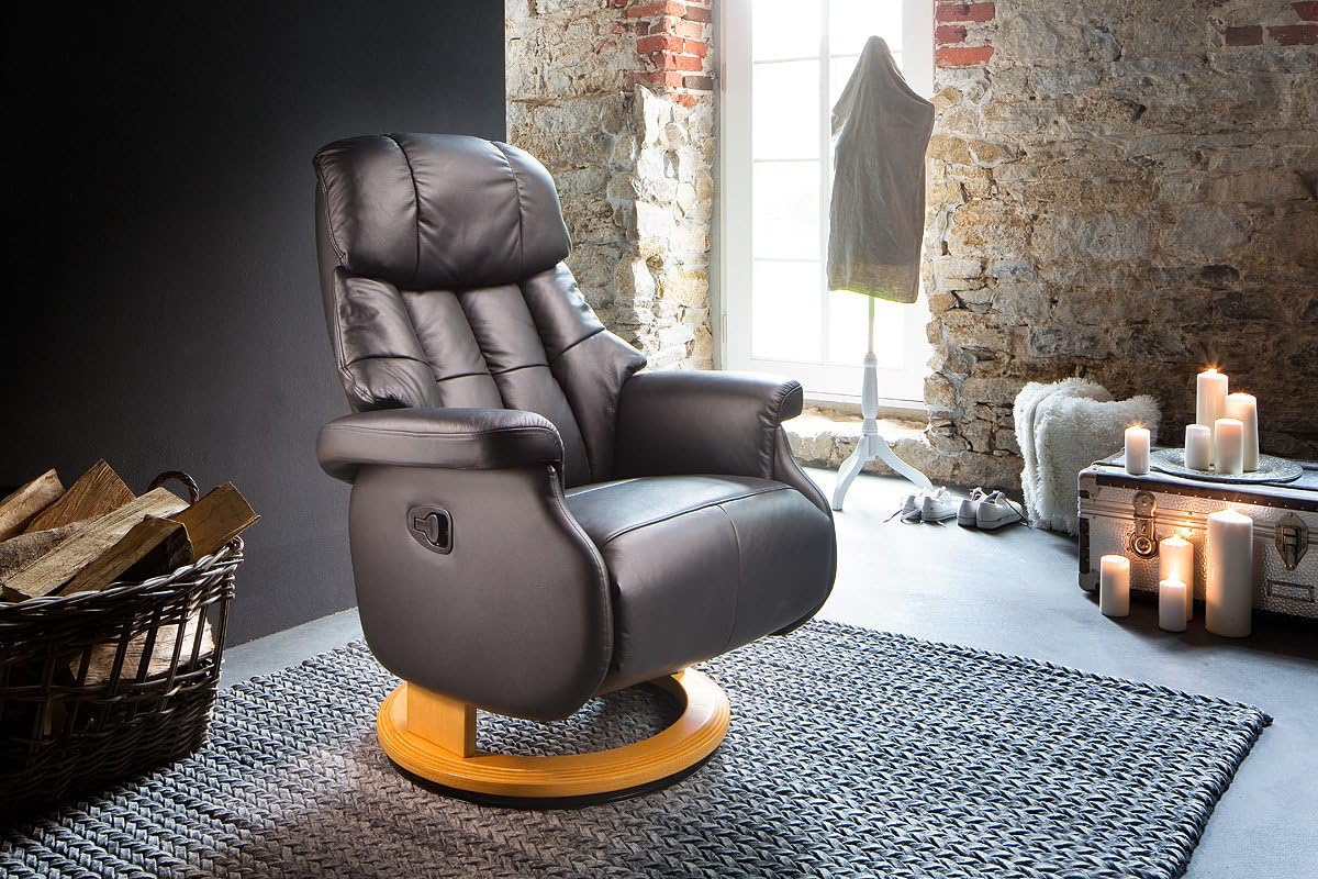 Robas Lund Relaxsessel Calgary Comfort L , bis 130 kg belastbar, drehbarer Fernsehsessel mit Liegefunktion, Echtleder braun, Gestell Holz natur