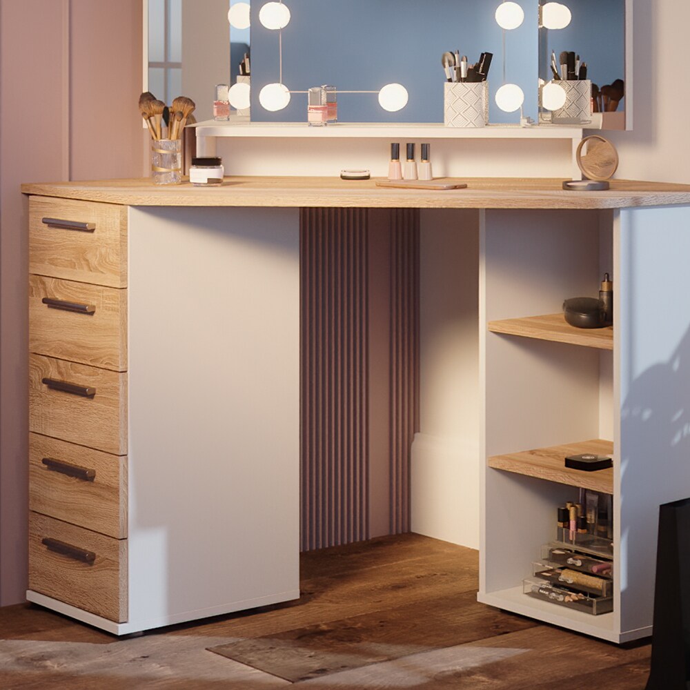 Vicco Eckschminktisch Frisiertisch Frisierkommode Sofia Weiß Sonoma Spiegel LED 128x142 cm modern Ablage