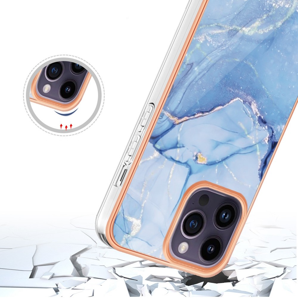 iPhone 14 Pro Gummi Case Hülle Galvanisierter Rahmen Marble Marmor Design - Hellblau / Roségold