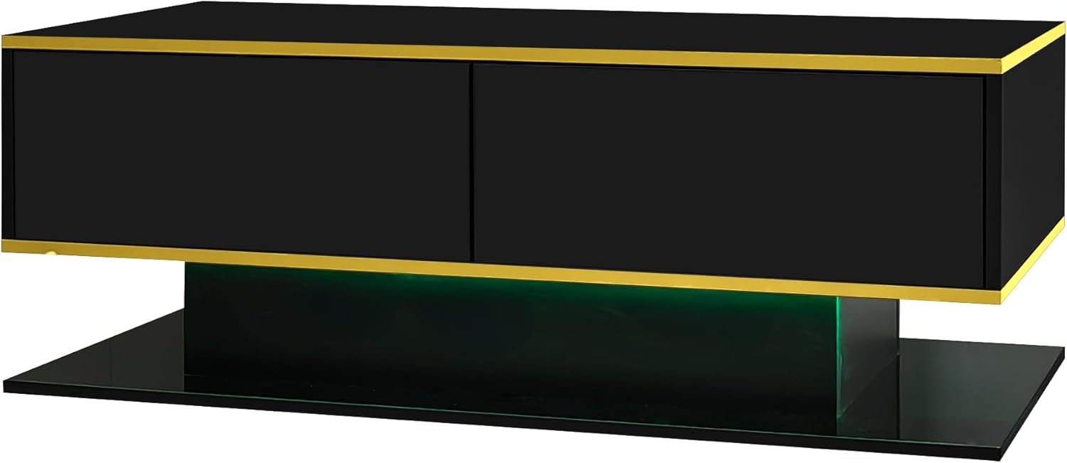 Merax LED Couchtisch Hochglanz mit Goldverzierung, Moderner Wohnzimmertisch 100x50x40 cm, Sofatisch mit 3 Schubladen & USB-LED-Licht, Kaffeetisch Beistelltisch Schwarz