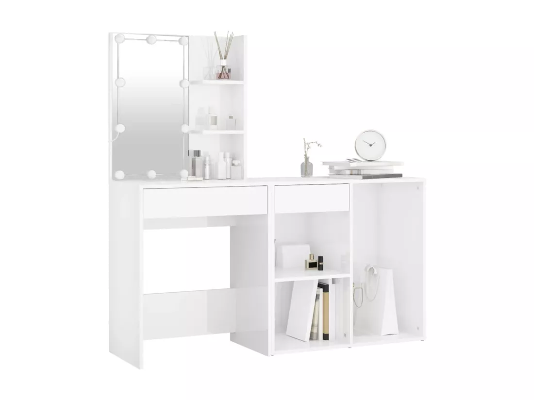 Coiffeuse à LED avec armoire Blanc brillant Bois d'ingénierie