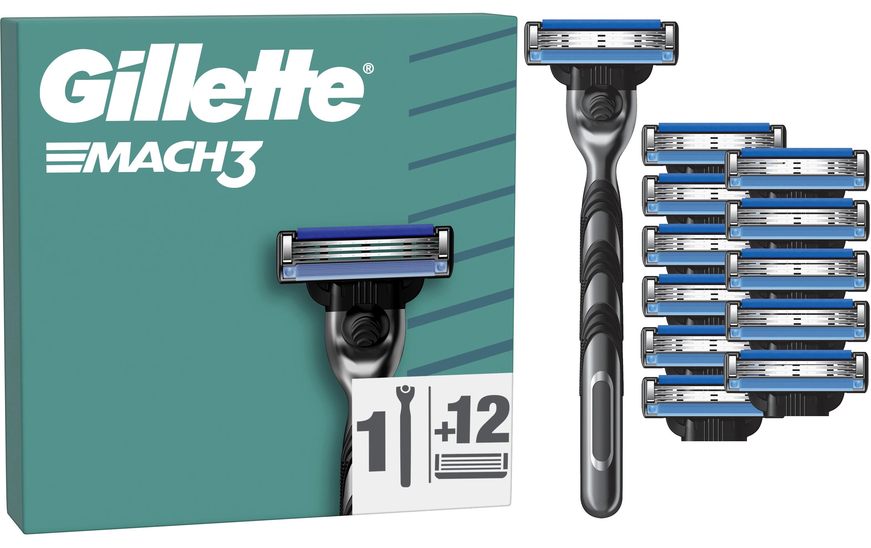 Herrenrasierer Gillette Mach3 Basis 12er + HandstückRasierer für Männer mit Gleitstreifen für ein sanftes Gleiten und neuer Klingenbeschichtung