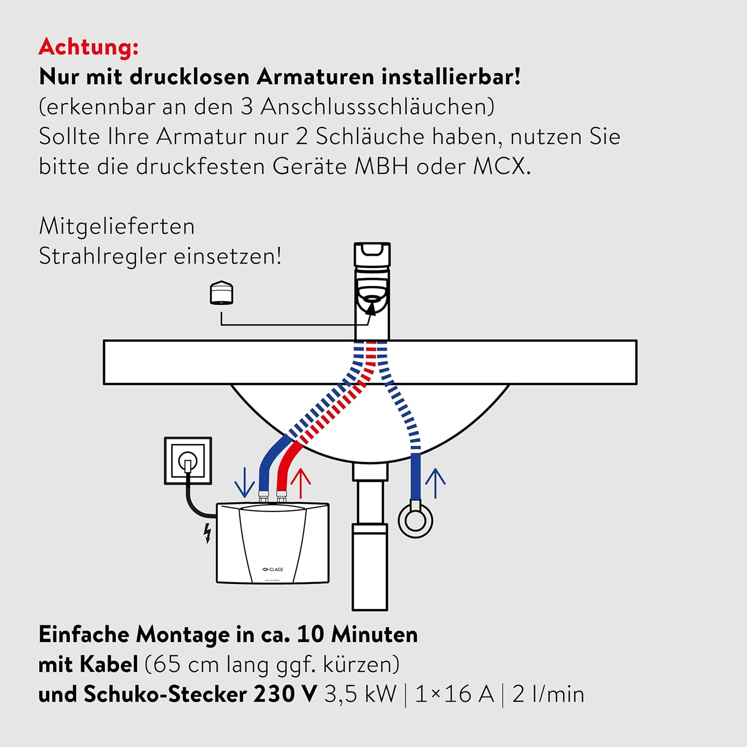 CLAGE M3 hydraulischer Klein-Durchlauferhitzer nur fürs Handwaschbecken, 3,5 kW, mit Stecker, nur für drucklose Armaturen, VDE-GS geprüft, 1500-17003
