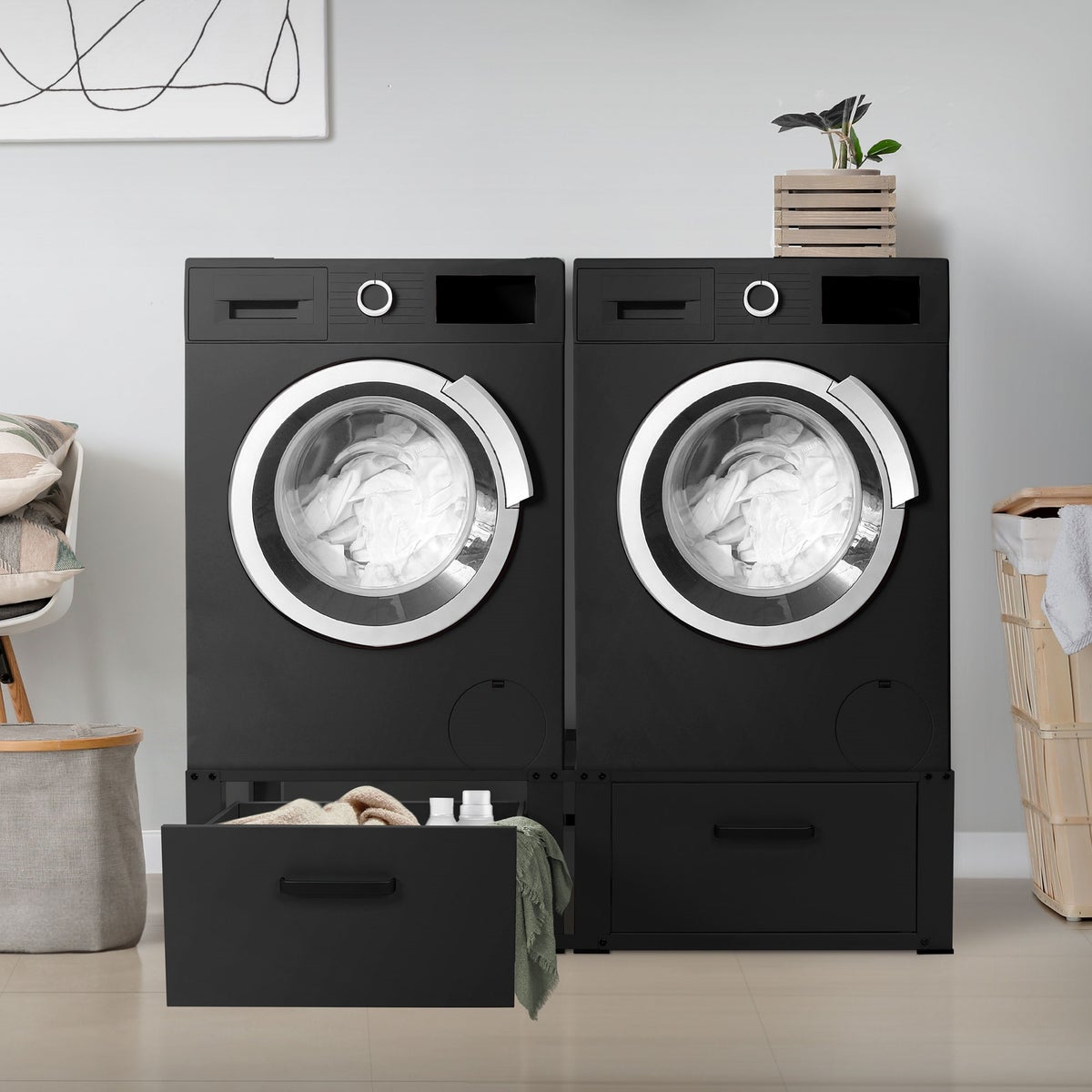 ML-Design Dubbele Wasmachine Onderstel met 2 Laden, Zwart, 128x53,5x31,5 cm, Wasmachine Onderstel 2-laags 2x150kg, Staal, Dubbele Onderstel Dubbele Voetstuk Plint Uitbreiding Droger Onderstel