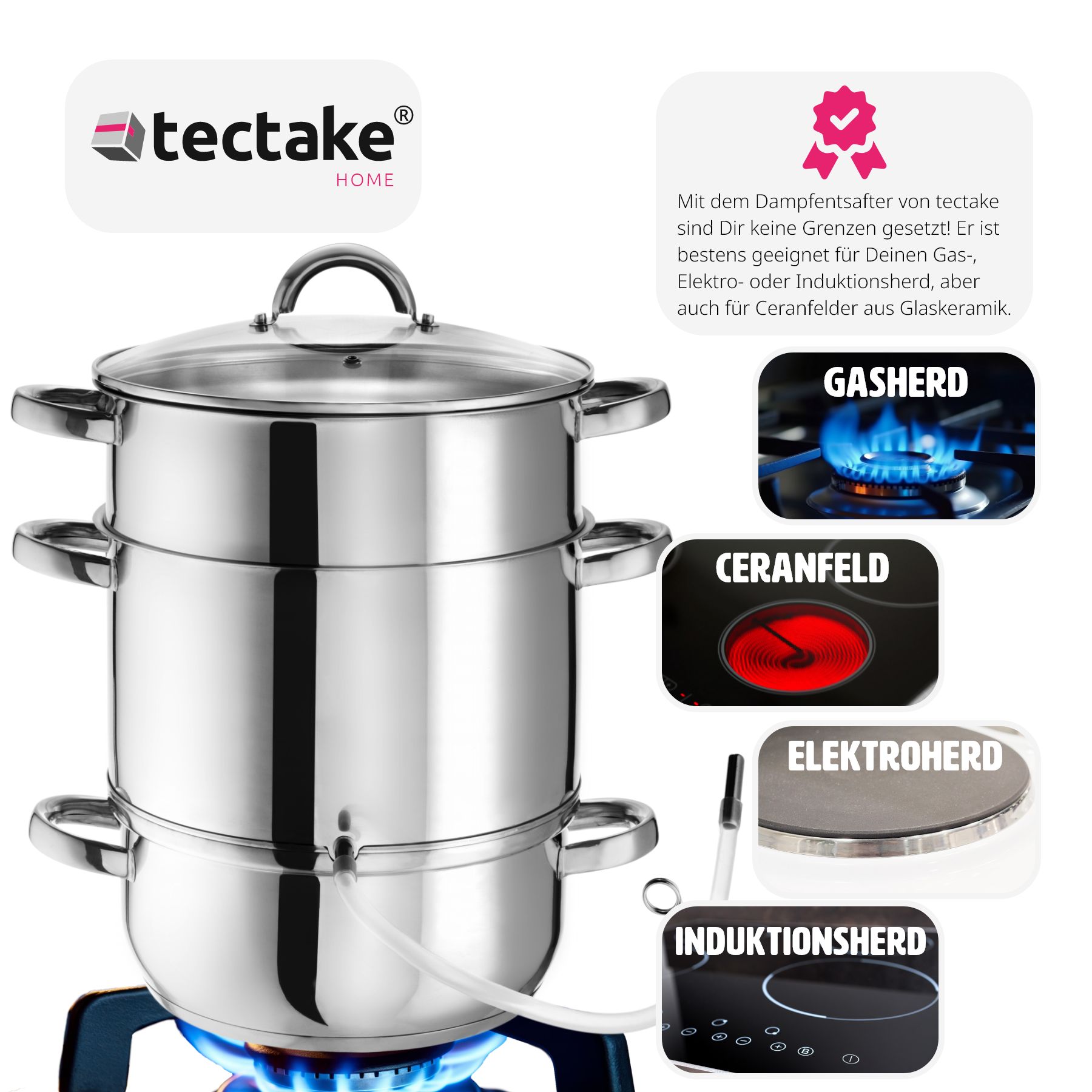 tectake® Dampfentsafter, 7-teilig, aus Edelstahl mit Glasdeckel, induktionsgeeignet und spülmaschinenfest, Ø 26 cm