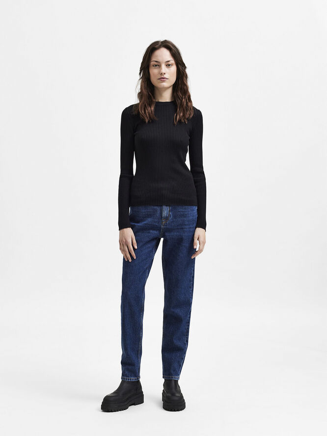 Selected Femme SLFLYDIA NEW RIB LS KNIT O-NECK B Sort