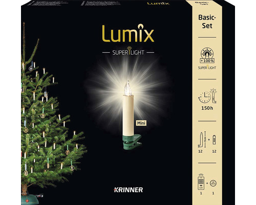 12-delige set Krinner Lumix Superlight Mini LED kaarslichtsnoer, warm wit, inclusief timerfunctie, batterij en afstandsbediening