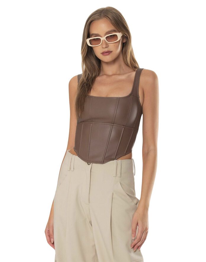 OW Collection Amara Faux Leather Top Cappuccino