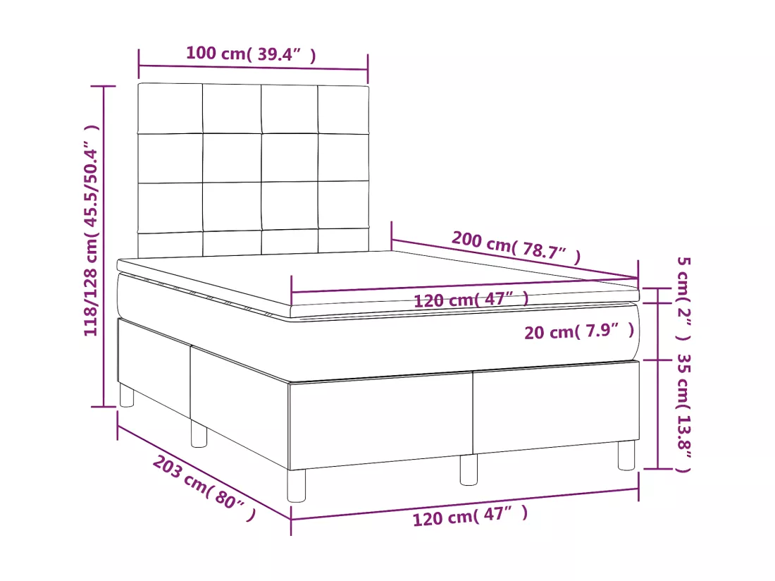 Sommier tapissier avec matelas et LED Crème 120x200 cm Tissu