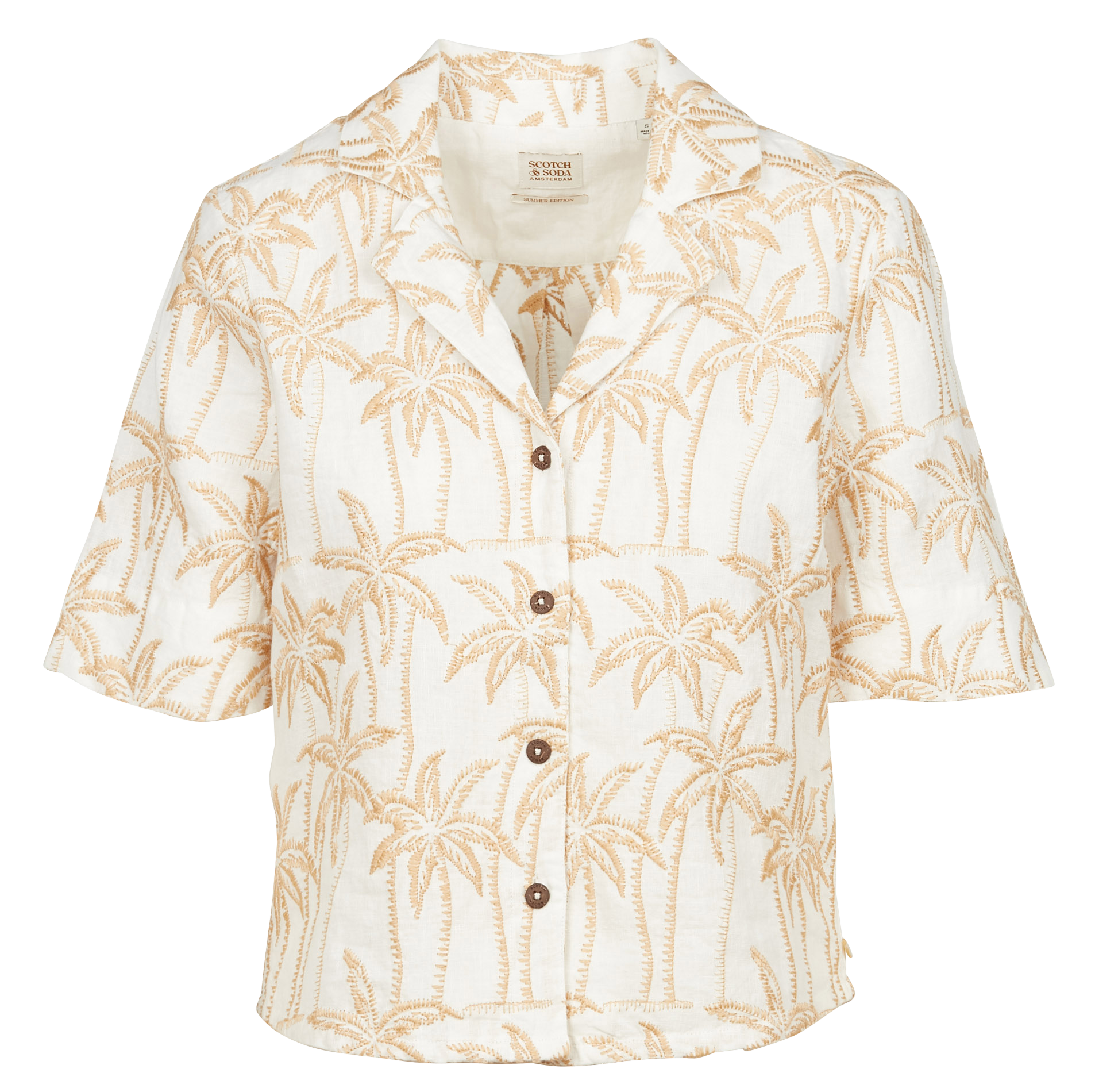 Top col tailleur imprimé palmiers en lin | Jaune